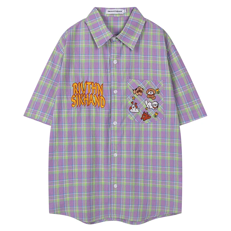 

Summer Mens Plaid Shirts Hip Hop Cartoon Embroidery Vintage Blouses 2025 Harajuku Streetwear Casual Fashion Cotton Loose Shirts