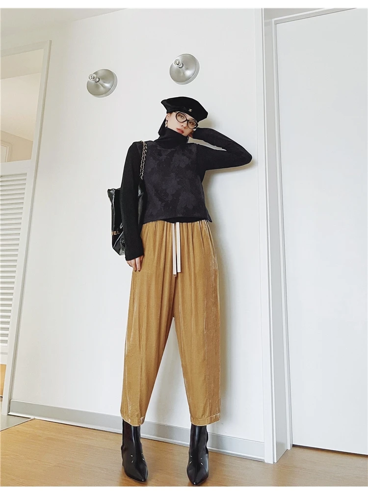 

Шелковые бархатные брюки Bla с широкими штанинами для женщин, весенне-осенние, укороченные, с эффектом высокого качества, уличный стиль, на флисовой подкладке, с завышенной талией