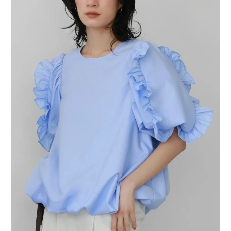 

Spring Summer 2024 Women's Balloon Sve T-irt Ruffle Hem Commute Sle Loose Fit Cotton round Ne ort Length Top