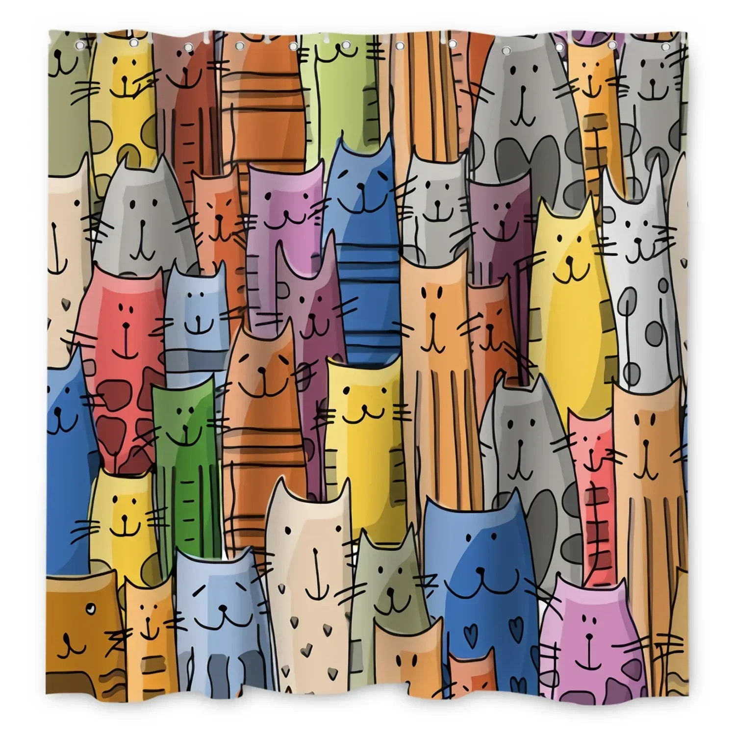 Cartoon Multicolor Cute Cat Floral Rainbow Print Shower Curtain Waterproof Mildew Resistant With Plastic Hooks Easy Install For