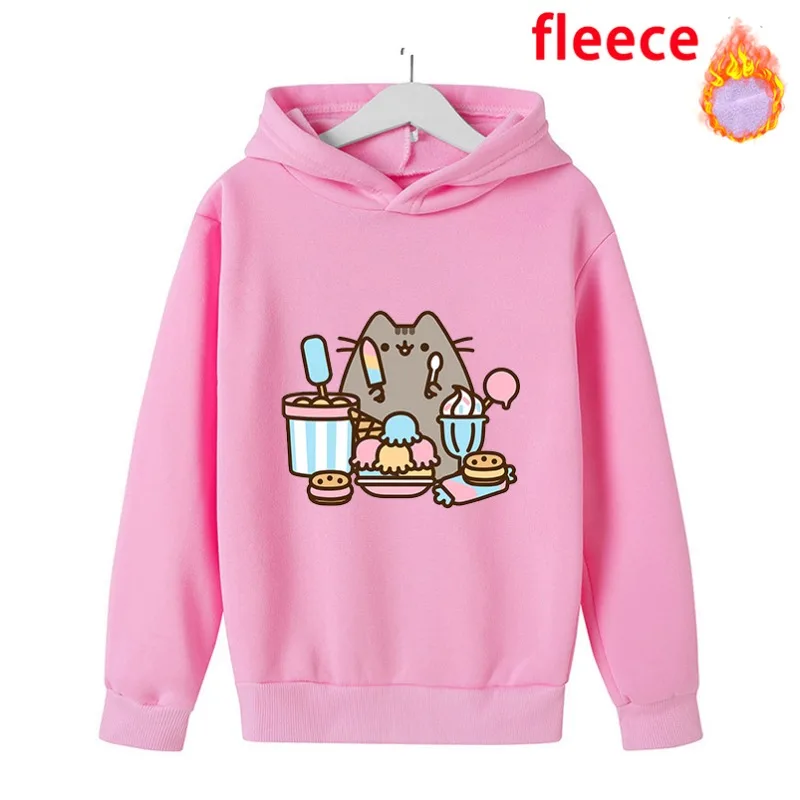 Pusheen Cat Girls Clothing Thickening Hoodies Winter Warm Sweatshirt Anime Printing Children Cute Kids Pullover Clothes Gift Hot