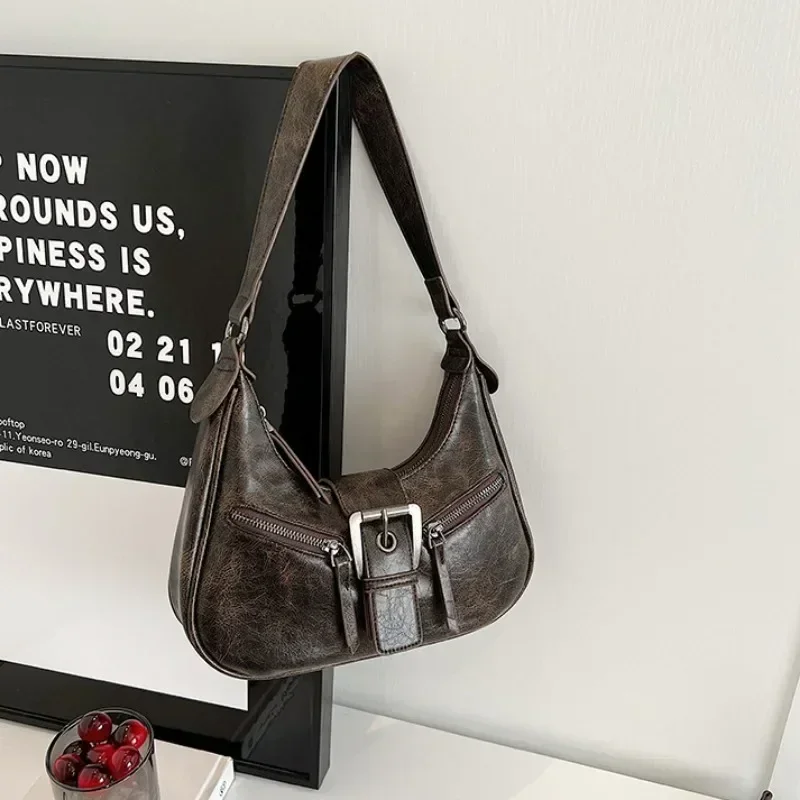 Retro Belt Design PU Leather Shoulder Bags for Women 2024 Y2K Small Vintage Female Underarm Crossbody Bag Fashion Handbags