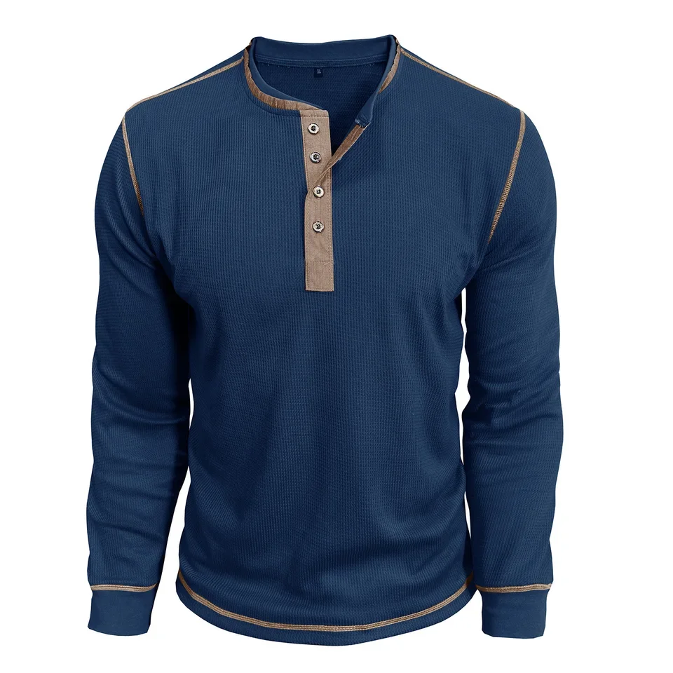 American European Fashion Men's Waffle Long Sleeve O-neck Single-breasted Pullover Henry Collar Loose T-shirts Male Undershirts
