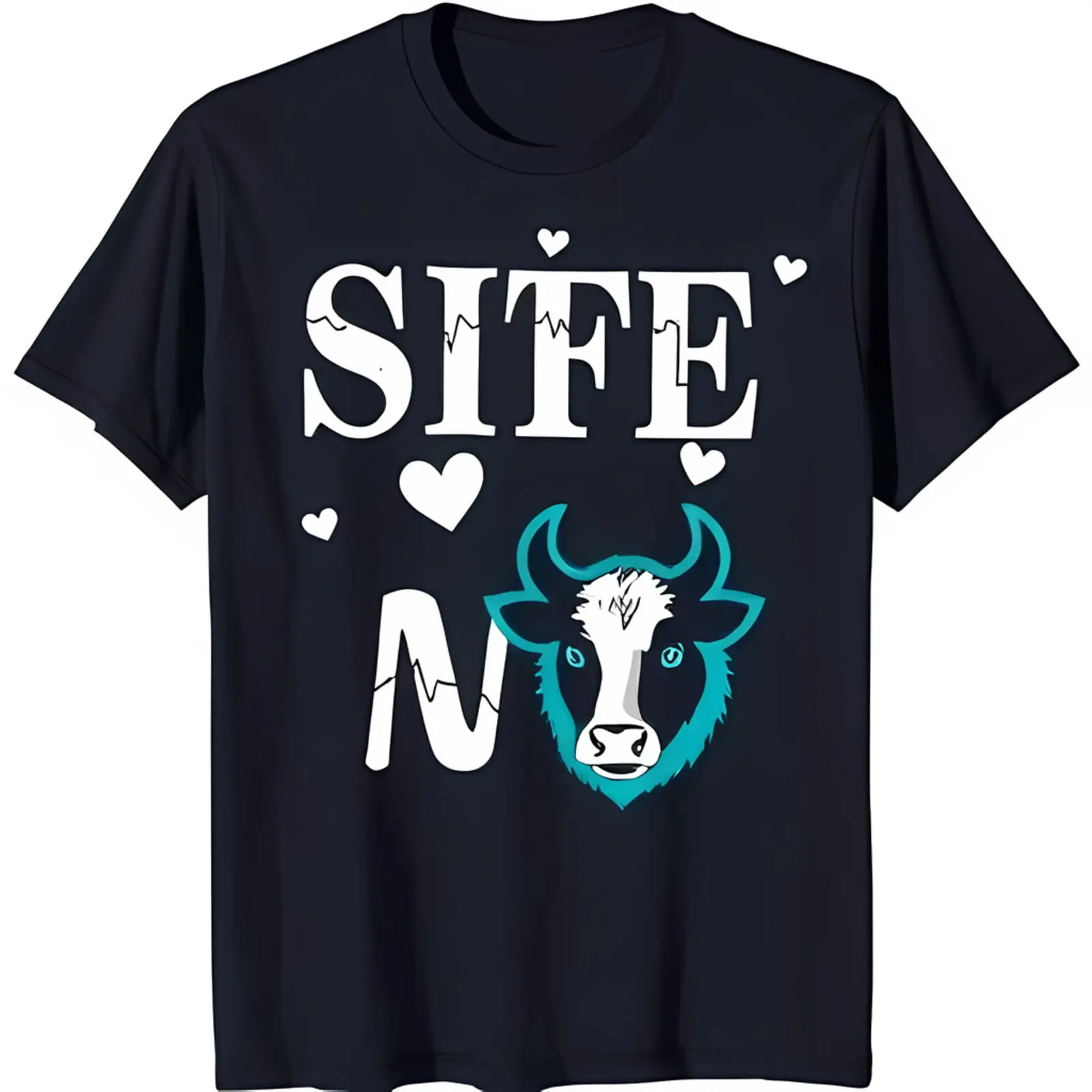 

Black T-Shirt with Cartoon Cow Head & 'SIFE NO' Text Cute Heart Design