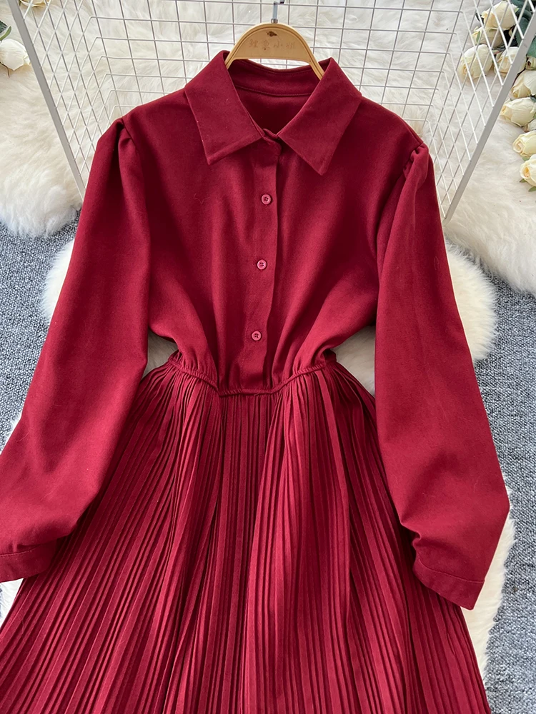 Herbst Winter Anzug Hohe Qualität Frauen Kleid Vintage Solide Turndown Kragen Langarm Plissee Kleid + Stricken Weste Mit gürtel