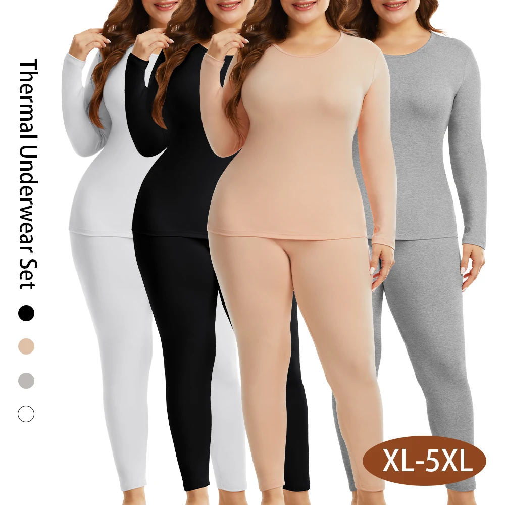 Women Plus Size Thermal Underwear Set Fleece Lined Long Johns Top Bottom Base Layer Winter Warm Crew Neck XL-5XL