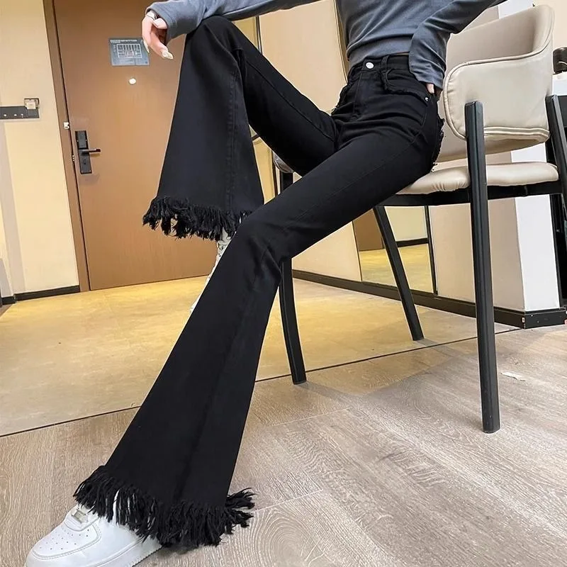 2025 Micro-flare Jeans for Women, Small High-waisted Slim Fur Fringed Floor Pants, Black Bell-bottom Pants