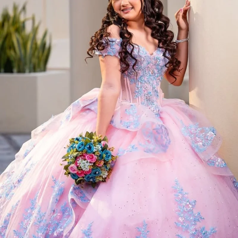 

Customized Shiny Pink Quinceanera Dresses Off the Shoulder glitter decal crystal layering flower tail Bow Vestido 15 Quinceaner