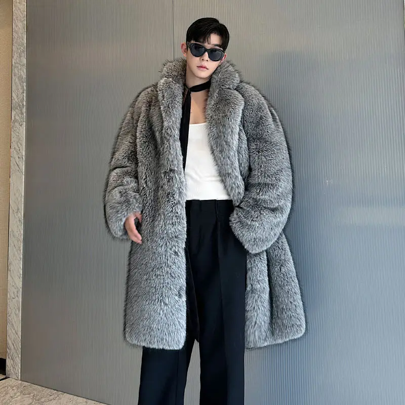 One-piece Eco-friendly Fur Winter Faux Fox Fur Coat Men's Mid-length Suits and Trends Fur Coat Men Casacas Para Hombre Jaquetas