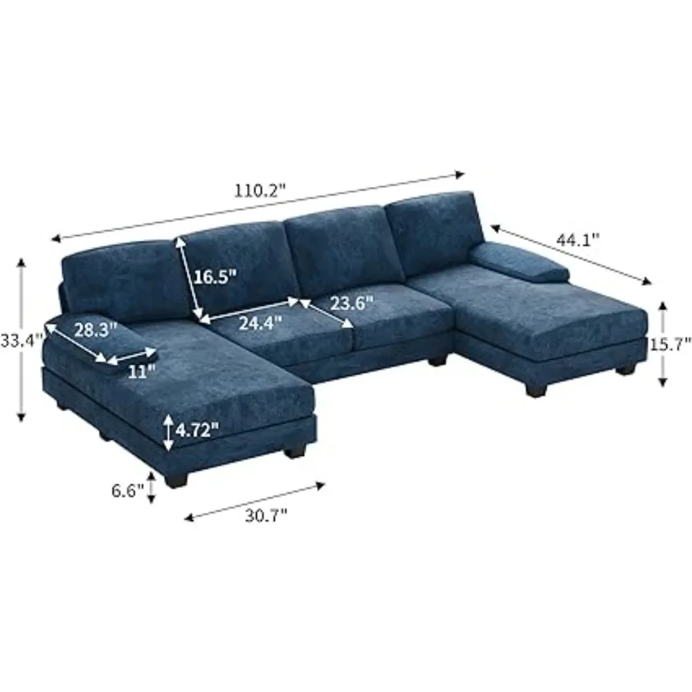 4 Seat Sofa Set for Living Room U-Shaped Modern Fabric Modular Sofa Sleeper with Double Chaise & Memory Foam (Fabric, Blue)