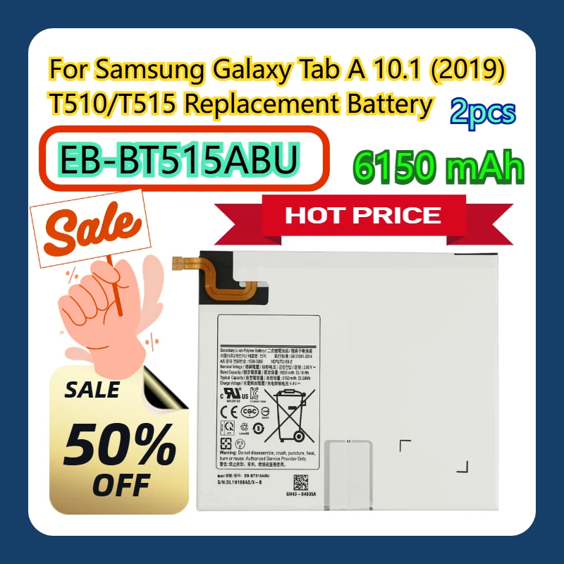 

2 шт. для Samsung Galaxy Tab A 10,1 (2019) T510/T515 EB-BT515ABU 6150 мАч Сменный аккумулятор