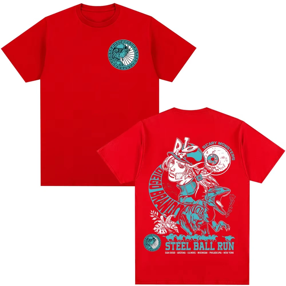 أنيمي جوجو غريب مغامرة تي شيرت الصلب الكرة تشغيل دييغو براندو مانغا الجرافيك تي شيرت الرجال النساء القطن عادية المتضخم التي شيرت