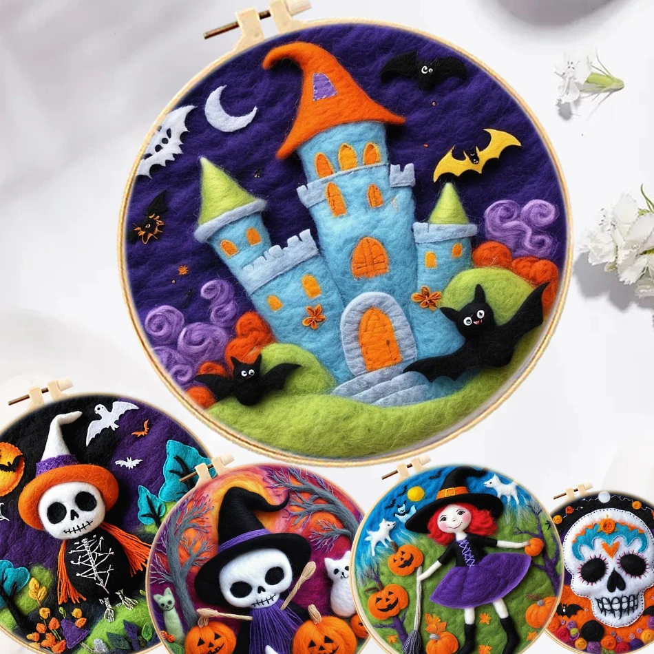 

pumpkin skeleton Pattern Diy Wool Needle Felt Set Needle Felting Crafts Painting Kit With Frame Felt For Home Decoration