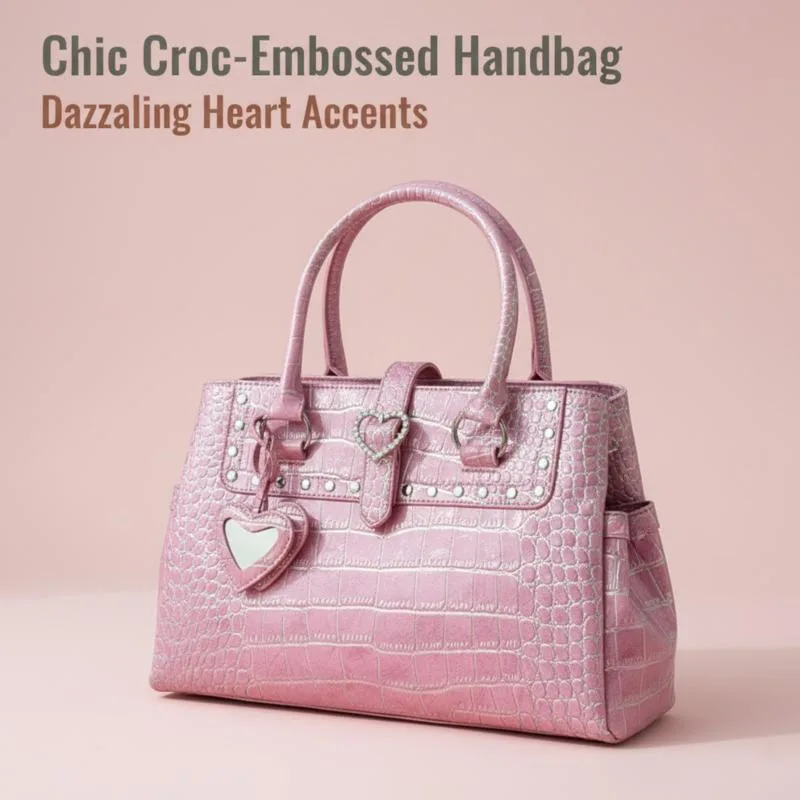 

​ ​ Женская большая сумка из искусственной кожи с тиснением под крокодила и пряжкой в форме сердца со стразами и заклепками — большая сумка для повседневной носки ​ ​