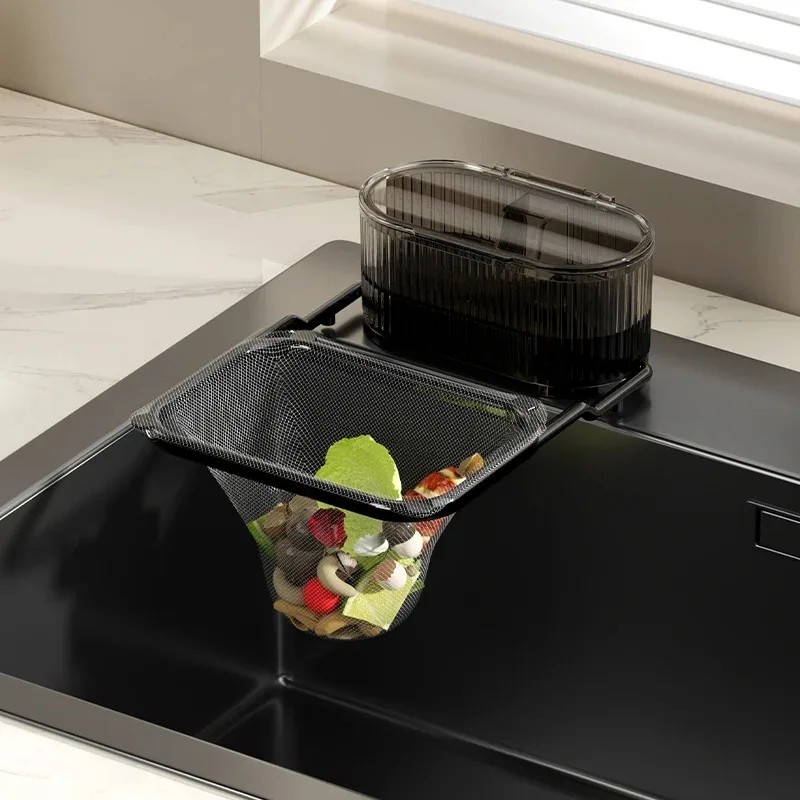 Foldable Kitchen Sink Filter Rack with Suction Cup & Storage Box, Vegetable Basin Waste Mesh Filter Kitchen Drain Organizer
