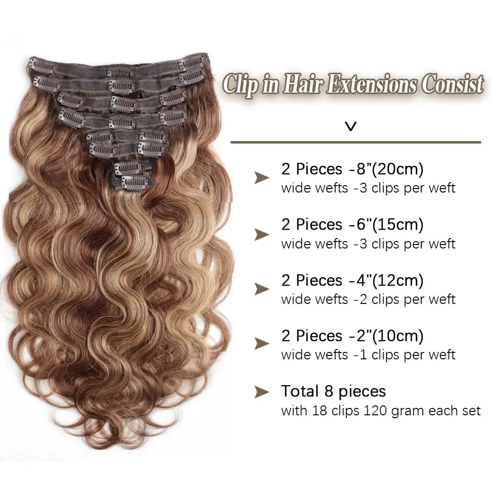 Body Wave Hair Clip In Hair Extensions Human Hair P4/27 Highlight 100% Unprocessed Brazilian Remy Virgin Human Hair For Women