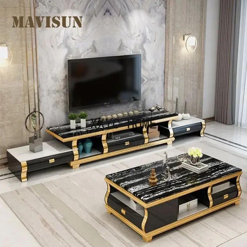 

Open Plan Living Room Storage Cabinet With Golden Stainless Steel Frame Extendorabale Simple Rectangular Tv Cabinet Side Table