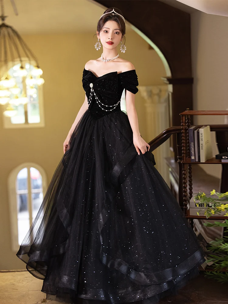 

Ele Bla Evening Gown for Women Princ Sle Sequin Embellied mid Waist Long Dr for Wedding Par Performance