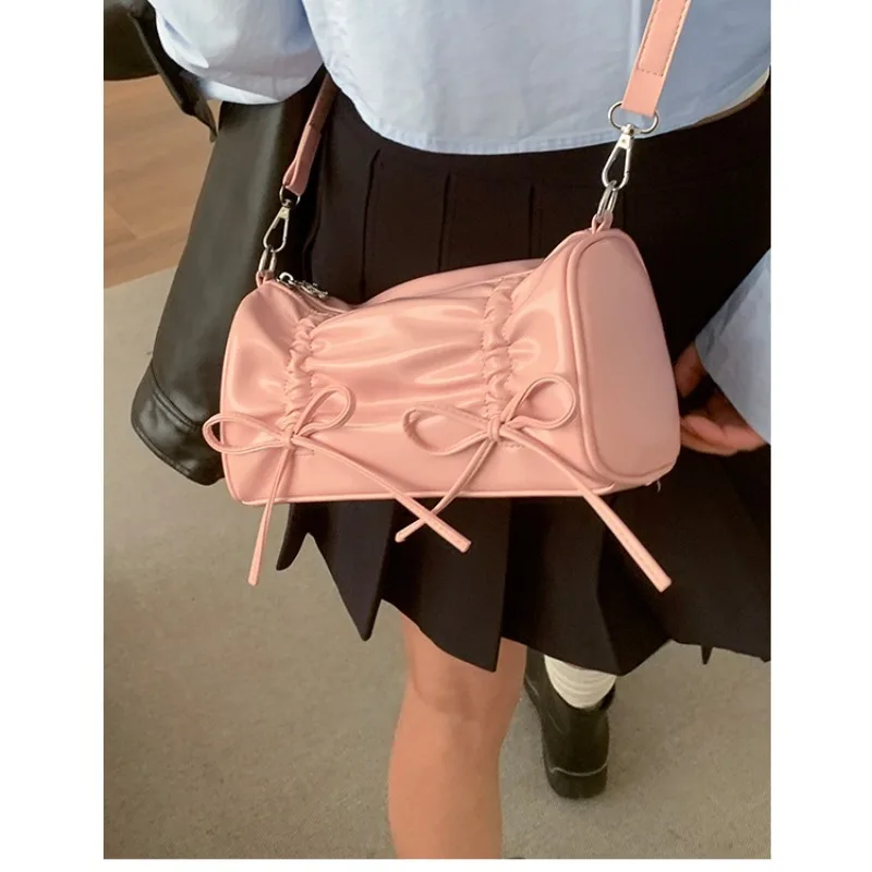 Xiuya Pleated Pink Women Shoulder Bag Bow Pillow Leather Sweet Elegant Fashion Handbag Gentle Casual Exquisite Ladies Armpit Bag