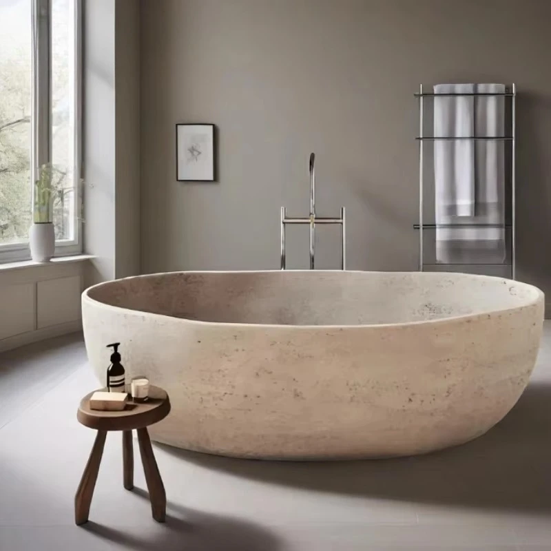 Natural Honed Travertine Freestanding Stone Bathtub Handcrafted Spa Soaking Tub for Bathroom