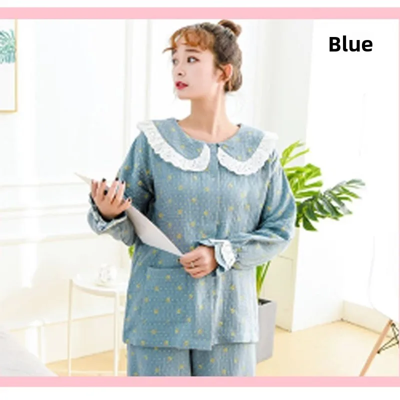 

Spring Autumn Pure Cotton Lace Long Sleeve Long Pants Home Clothes Nursing Postpartum Suit Print Set Outdoor Sleepwear