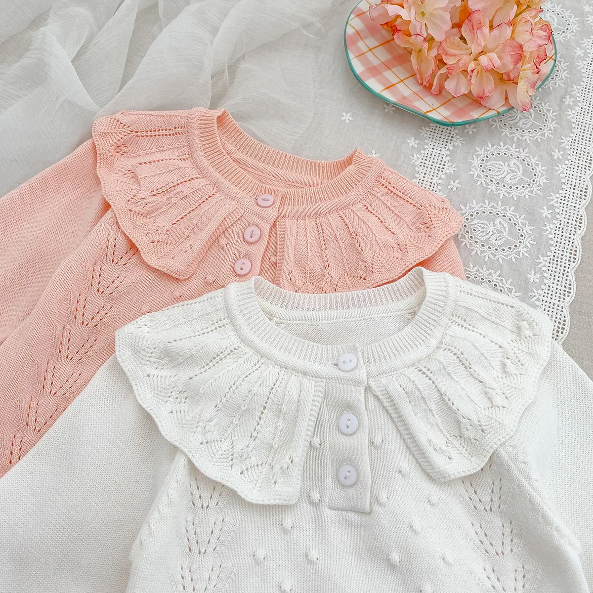 Baju Bayi 0-2 Tahun Bodysuit Anak Perempuan Kerah Ruffle Rajutan Pakaian Rajut Bayi Lengan Panjang Satu Potong