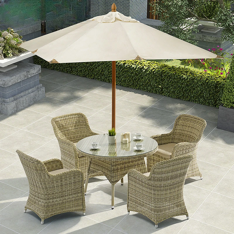 Table, chair, rattan chair, five piece combination terrace, courtyard, villa, outdoor garden, leisure rattan umbrella