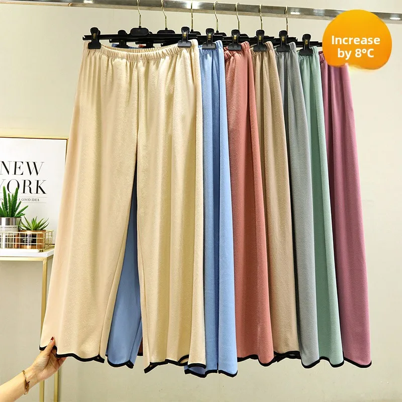 プラスサイズの女性の秋冬の厚いフリース裏地付きワイドレッグパンツゆったりとした快適なハイウエストカジュアルパンツ