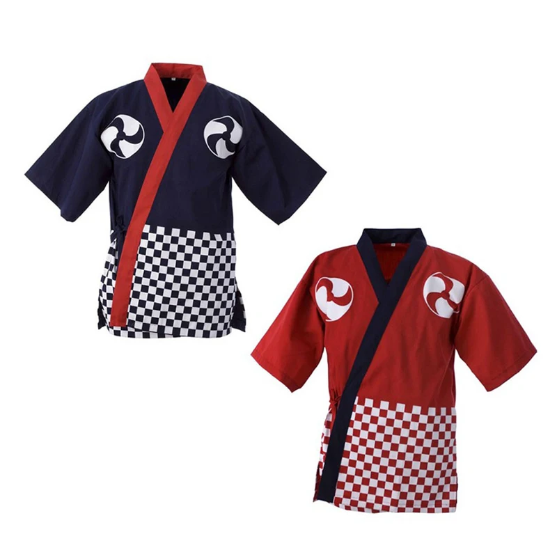 Chaquetas de cocina para restaurante Sushi, abrigo de Chef, uniforme de trabajo de camarero, ropa de trabajo profesional con estampado de celosía