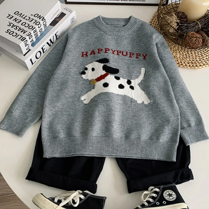 Boys Woolen Sweater Cotton Knitting Windbreak 2024 Gray Plus Thicken Autumn Winter Outwear Christmas Gift Warm Children's Clothi