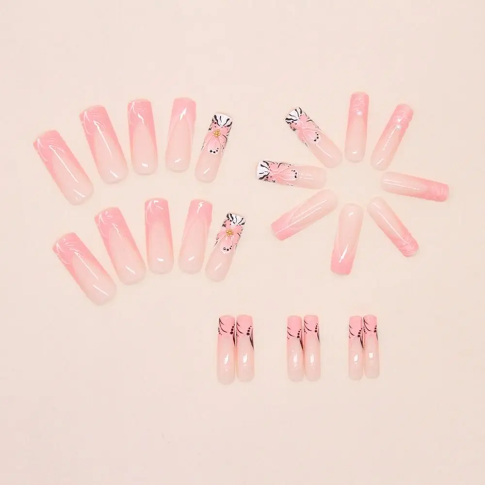 

24 шт., модные длинные накладные ногти балерины, сверкающий жемчуг, французские накладные ногти, полное покрытие, резной цветок, пресс на ногтях, сделай сам