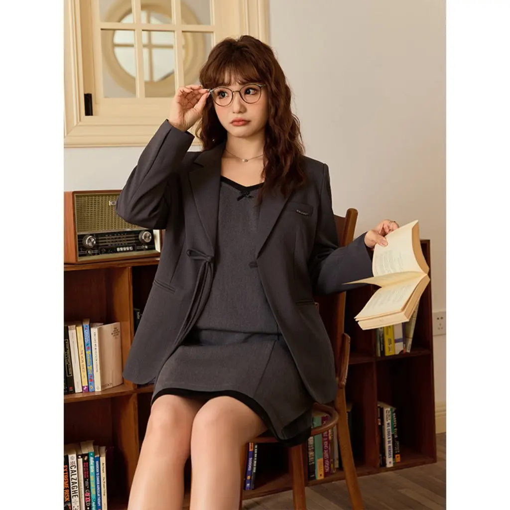 Plus Size Grote Contrast Kleur Boog Herfst Tube Top Jarretel Rokje Slim Fit Nep Tweedelige Set voor Vrouwen 65199