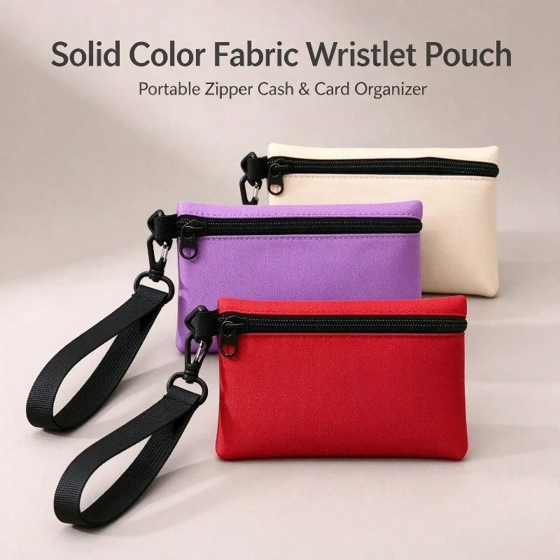 Solid Color Fabric Wristlet Pouch Korean Style Zipper Money Bag Portable Card Storage Case with Keychain Unisex Mini Organizer
