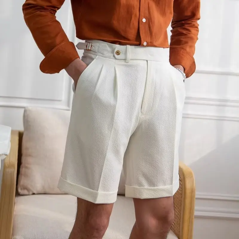 

Brand Clothing Italian Naples Style Men's Bubble Yarn Shorts Summer Casual Baggy High Waist Cuffed Hem Beach Pants Bermuda Short