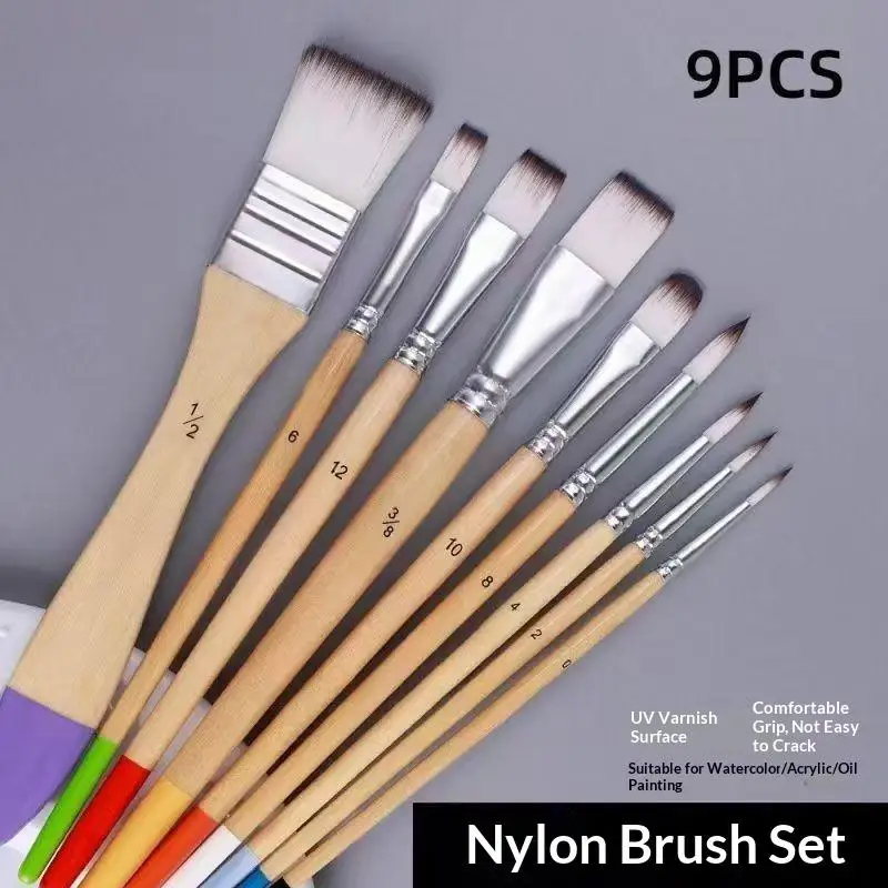 [SU]9Pcs Nylon Paint Brush Set Wood Handle Art Brush For Watercolor Acrylic Oil Painting Wall Drawing Student Beginner Art Tool