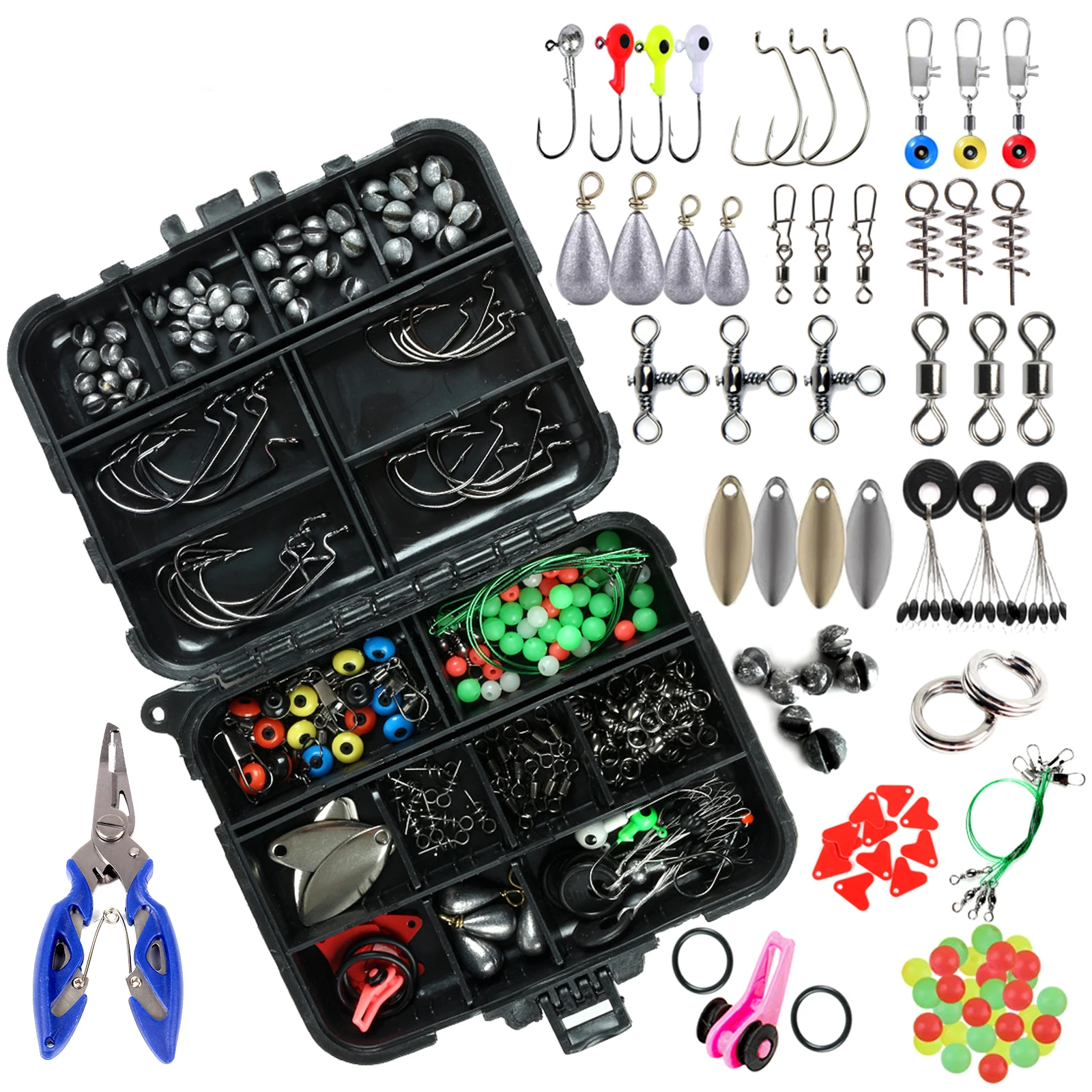 188pcs Fishing Accessories Kit with Tackle Box Lure Pliers Jig Hooks Swivels Snaps Sinker Sliders Beads Portable Fishing Tools