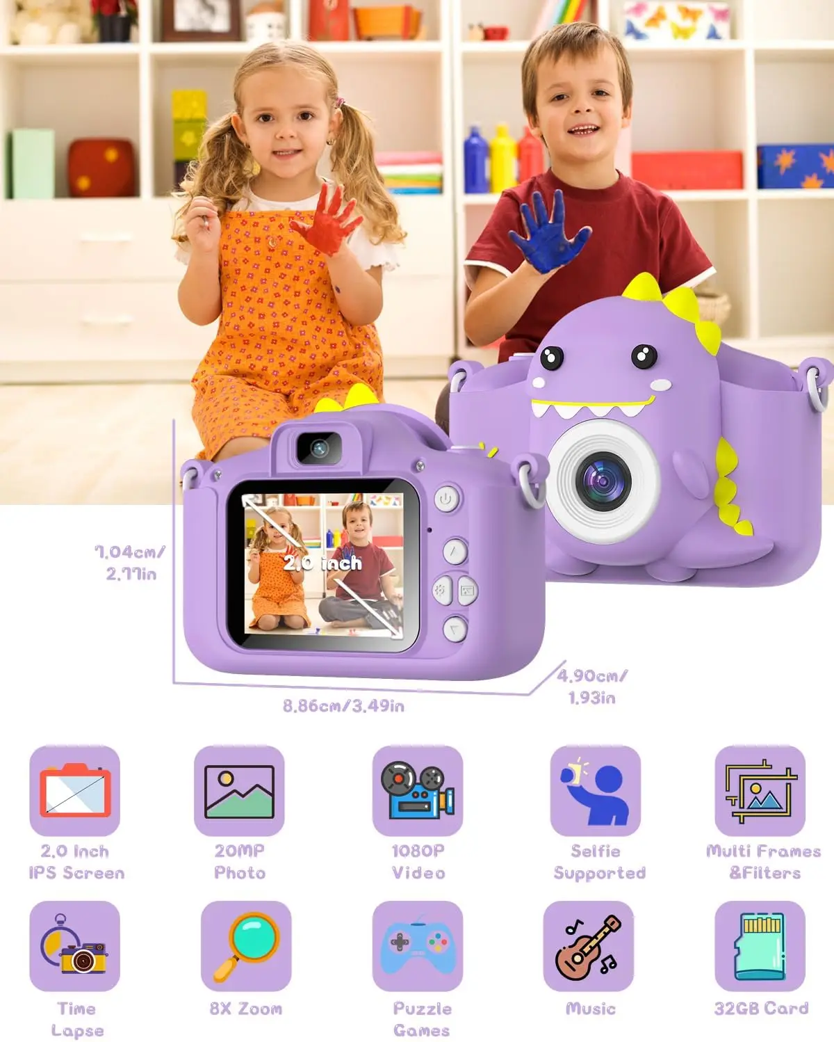 Fotocamera per bambini HD 1080P 2.0" Mini fotocamera giocattolo Fotocamera digitale selfie portatile con scheda 32G per ragazzi e ragazze