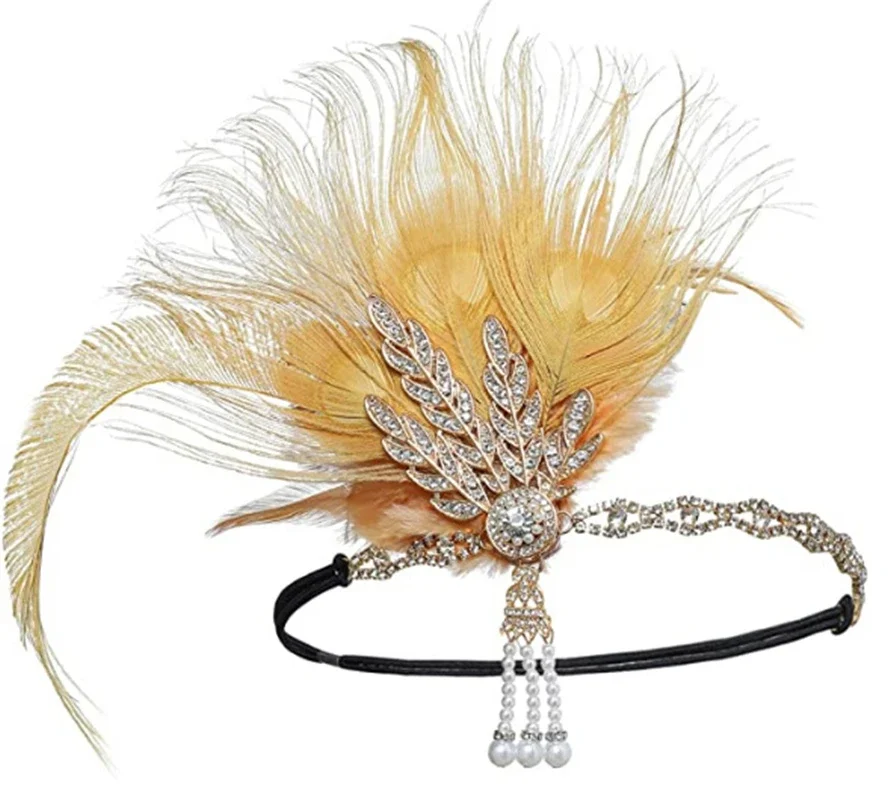 2025 New Peacock Feather Headband 1920s Flapeer Girl Headpiece with Rhinestone Tassel Vintage Party Photography Hair Accessories