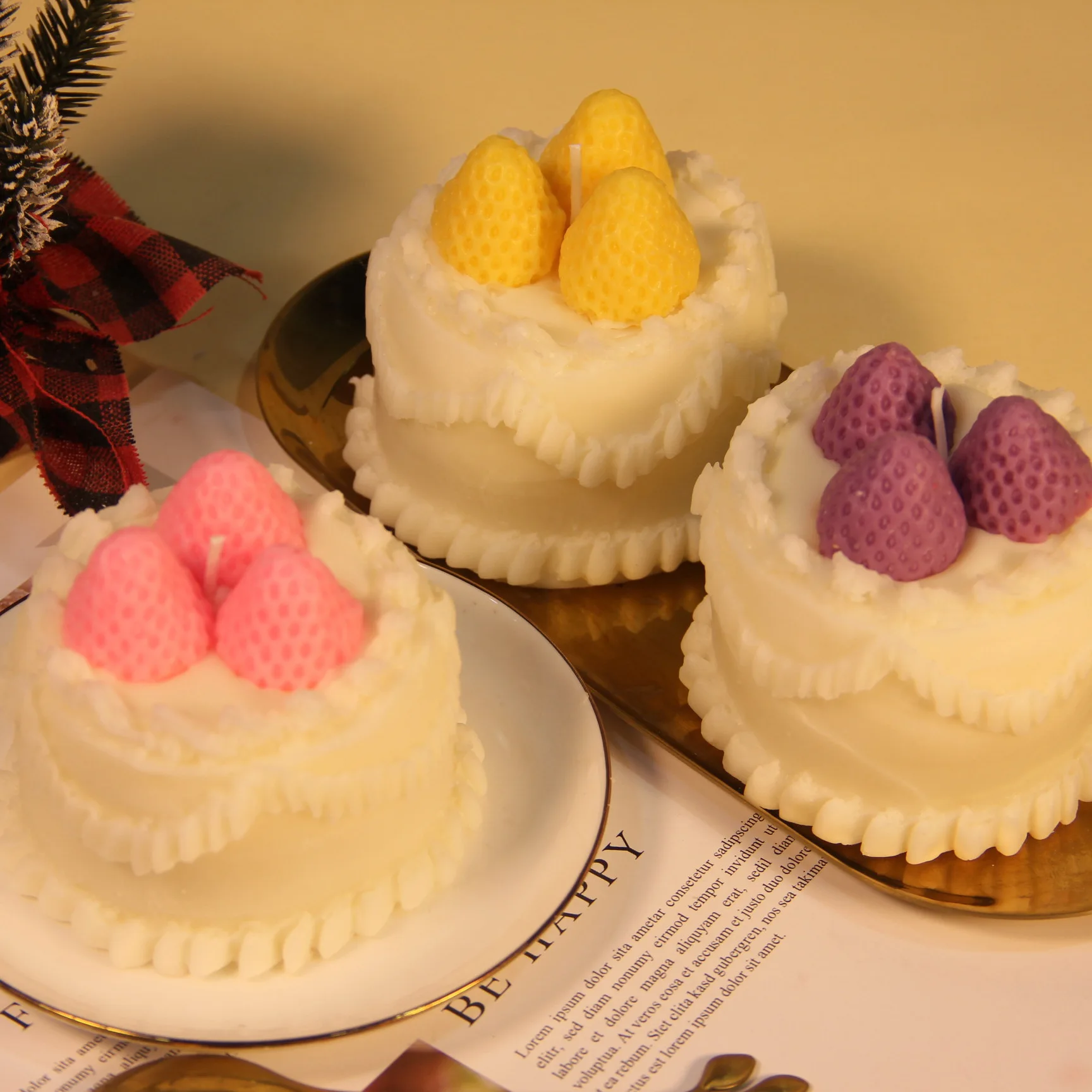 Cute Strawberry Cake with Lace Style Scented Candle Home Decor Scented Candle