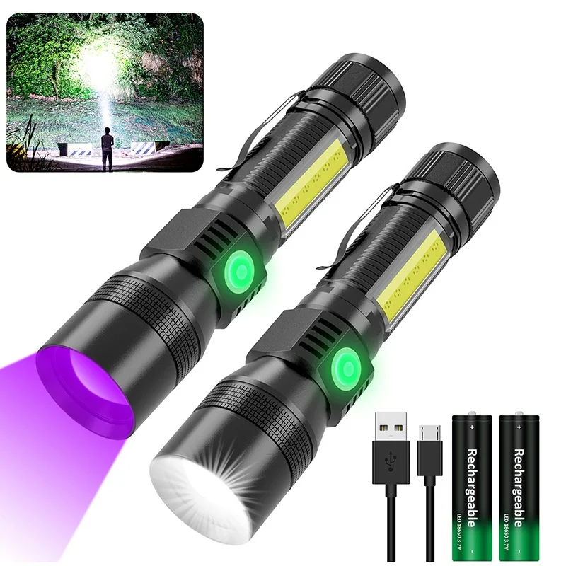 

UV Light & Strong Light Flashlight USB Rechargeable Camping Lantern Pets Urine Stains Black Light Led Ultraviolet Torch Lamp