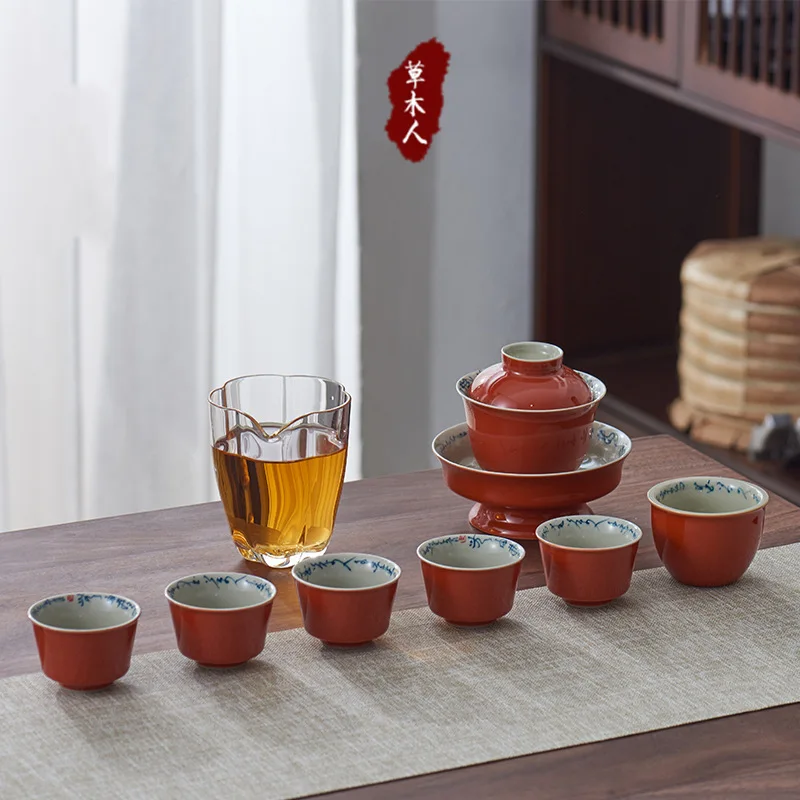 Persimmon Red Hand-Painted Poetry Gaiwan High-End Ceramic Tea Bowl Kung Fu Set Home Retro Brewing Cup
