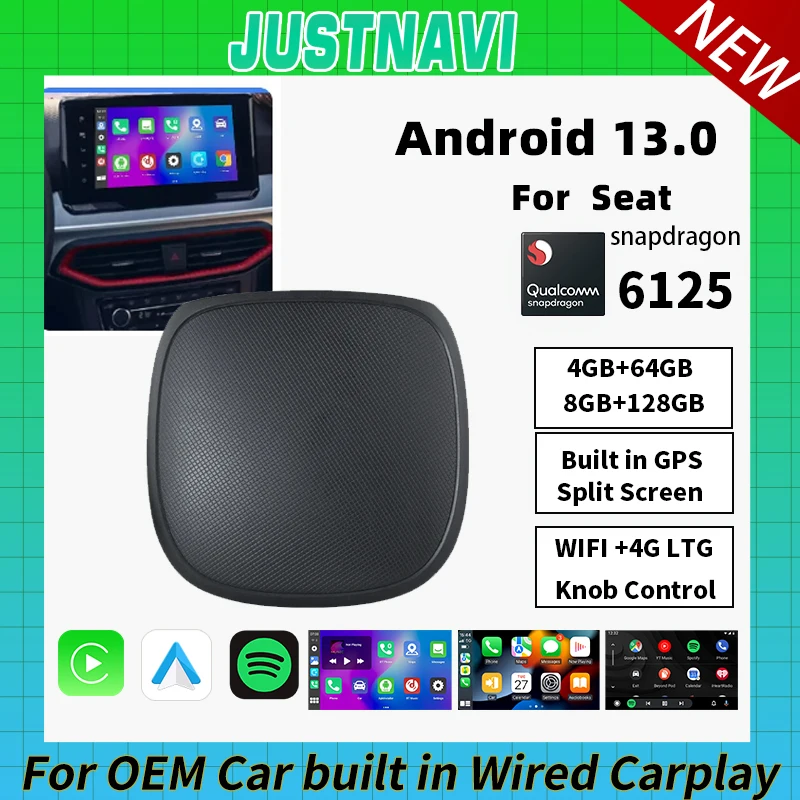 

JUSTNAVI Smart AI Box Android Auto Wireless CarPlay For Seat Ibiza Arona Leon Ateca Tarraco Android 13 Split Screen 4G WIFI