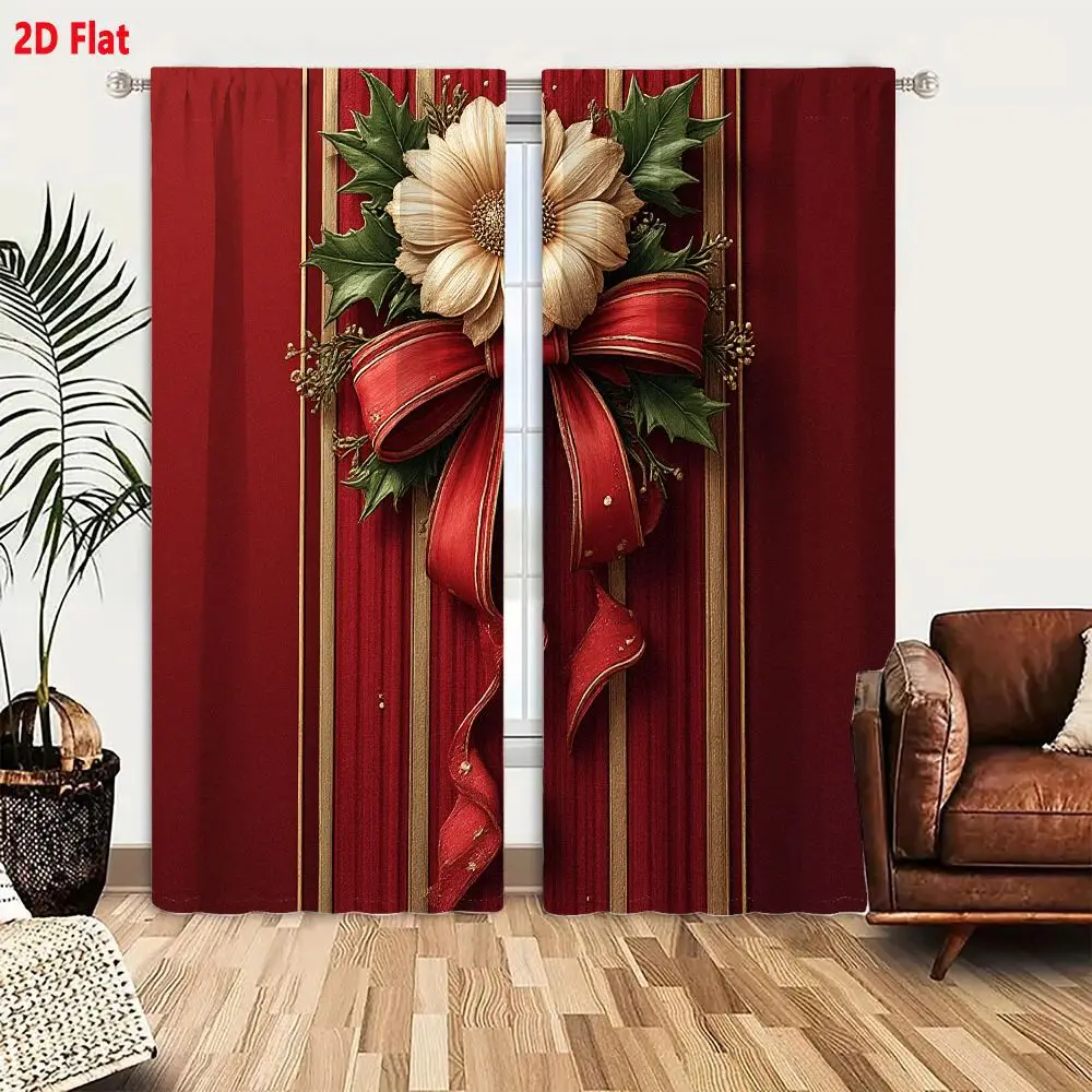 2Pcs Curtains Add 2D Flat Festive Red Satin Bow With Gold Piping And Holly Berry Decoration Window Drapes for Bedroom Room Decor