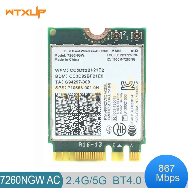 

Used 7260AC Wireless-AC 7260 7260NGW Dual band NGFF M.2 802.11ac 867Mbps wifi + Bluetooth BT 4.0 Wlan WiFi network Card