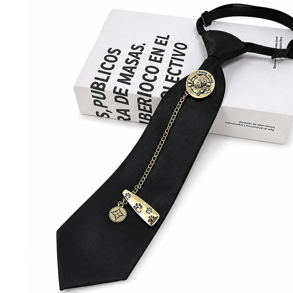 British Style Pre Tied Tie with Badge Chain for Women School Uniform Necktie College JK Style Shirt Accessory 7 Colors