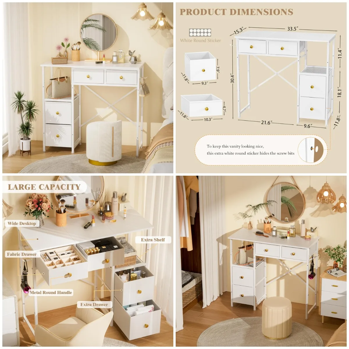 

White Small Makeup Desk with 4 Fabric Drawers, 33.5' Storage Vanity for Bedroom, No Mirror, with Hook
