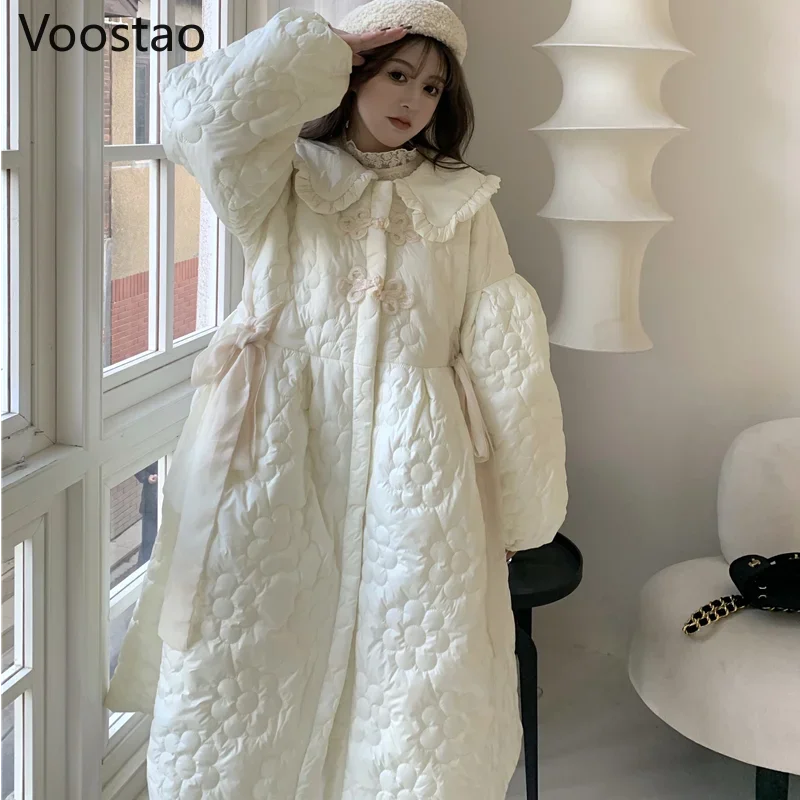 Zimowa słodka Lolita kołnierz piotruś Pan ciepły, długi płaszcz parki damskie koreańskie Kawaii luźna, bawełniana ocieplane płaszcze damskie opaska