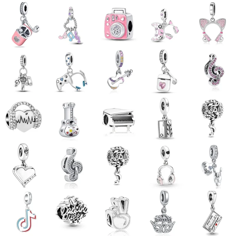 New 925 Silver Piano Charms Fit Original Pandora Bracelet DIY Jewelry musical note Bead Headphones Electric Guitar Pendant Gift