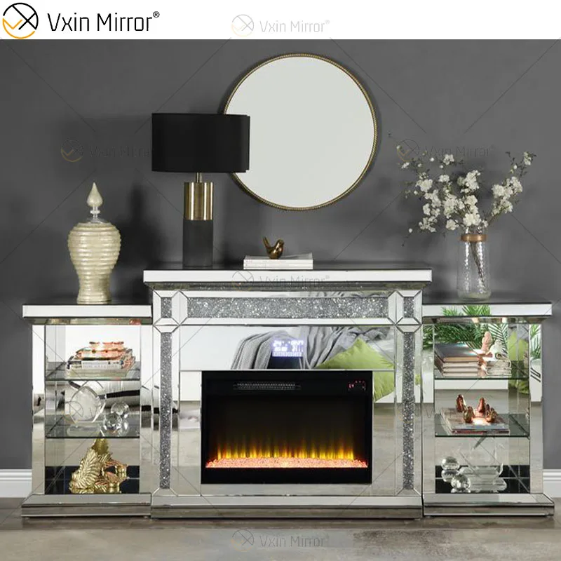 Multi-color LED silver crystal Glass living room mirror fireplace with drawers