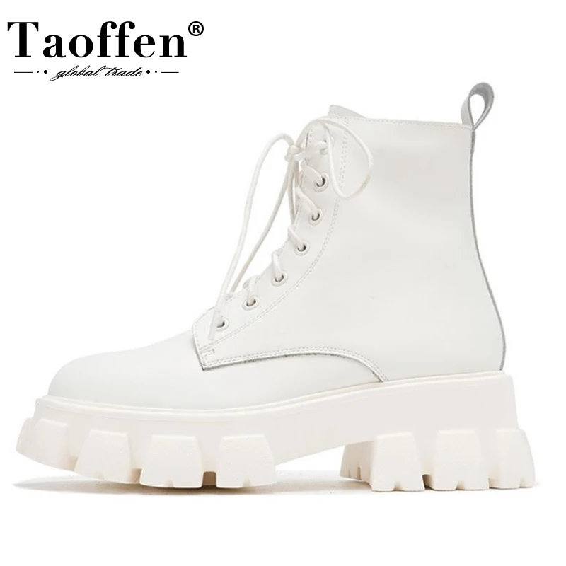 Taoffen Woman\'s Ankle Boots Real Leather Thick Bottom Platform Fashion Lace Up Shoes Woman Daily Footwear Size 34-41